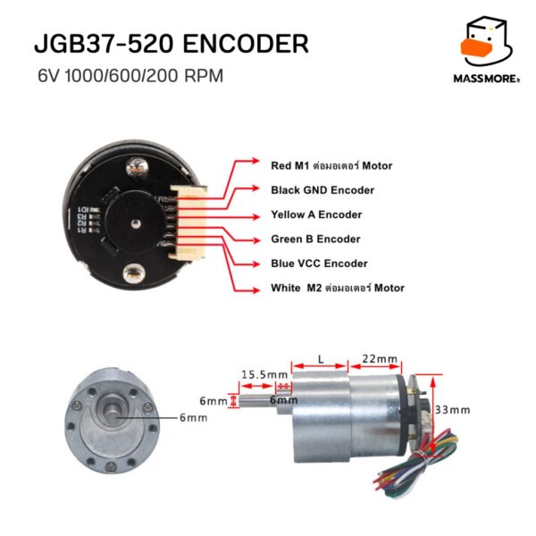 JGB37-520 มอเตอร์ มีตัวเข้ารหัส Encoder 6V 1000RPM 600RPM  200RPM  พร้อมตัวยึดแกนมอเตอร์ - Image 3