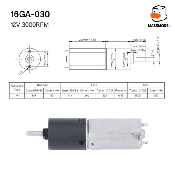 16GA Motor มอเตอร์ ทดเกียร์ แรงบิดสูง 6V/1500RPM 12V/3000RPM ตัวสั้น 16GA-030 ตัวยาว 16GA-050 - Image 4