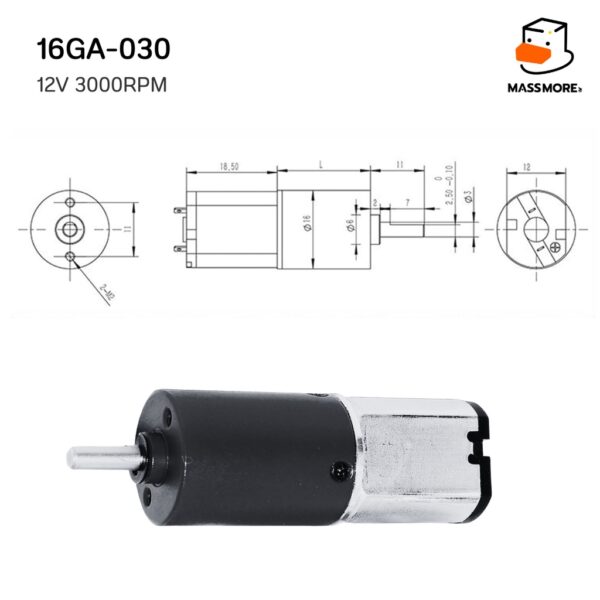 16GA Motor มอเตอร์ ทดเกียร์ แรงบิดสูง 6V/1500RPM 12V/3000RPM ตัวสั้น 16GA-030 ตัวยาว 16GA-050 - Image 7